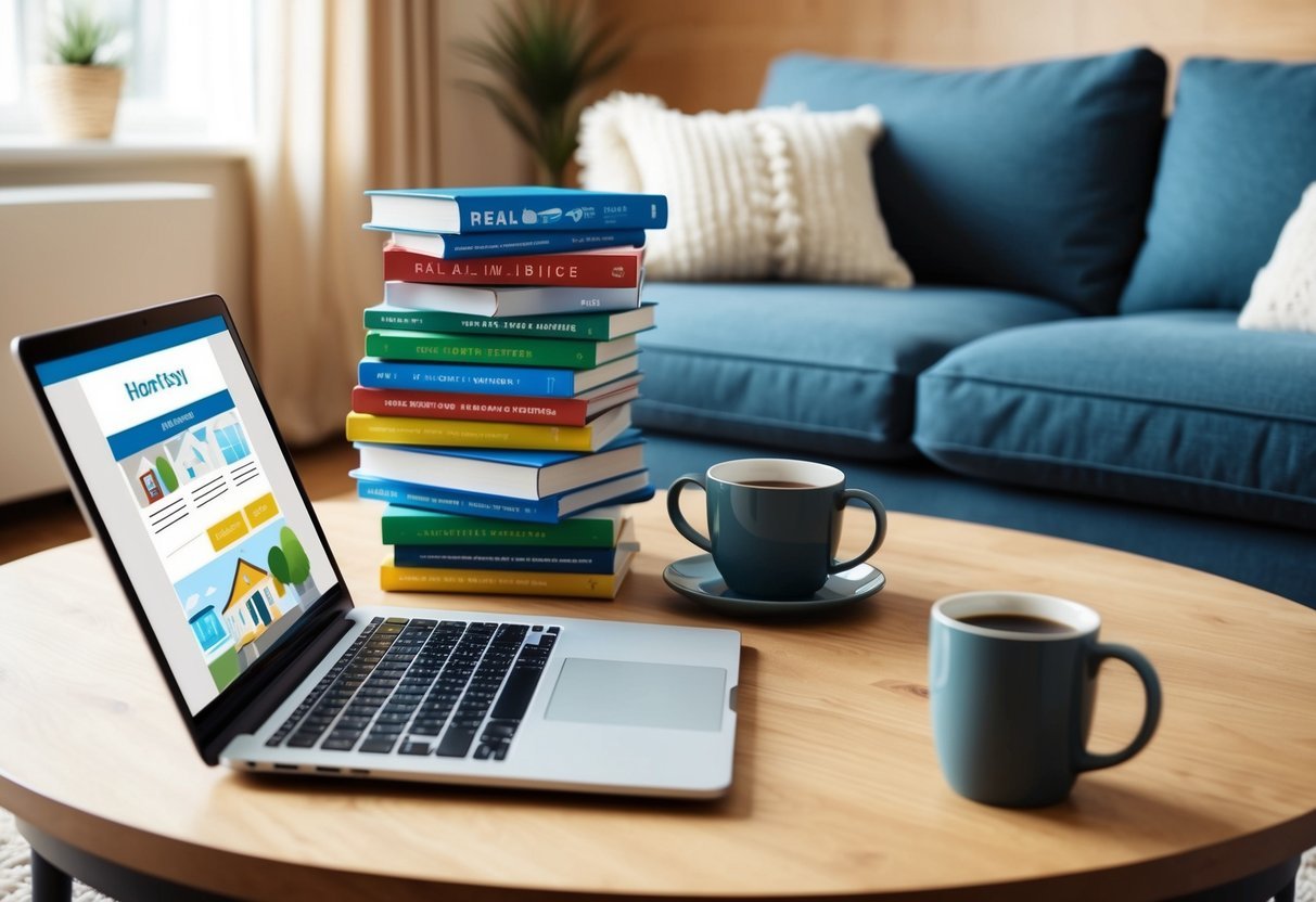 A cozy living room with a stack of real estate books, a laptop open to a homebuying website, and a mug of coffee on the table