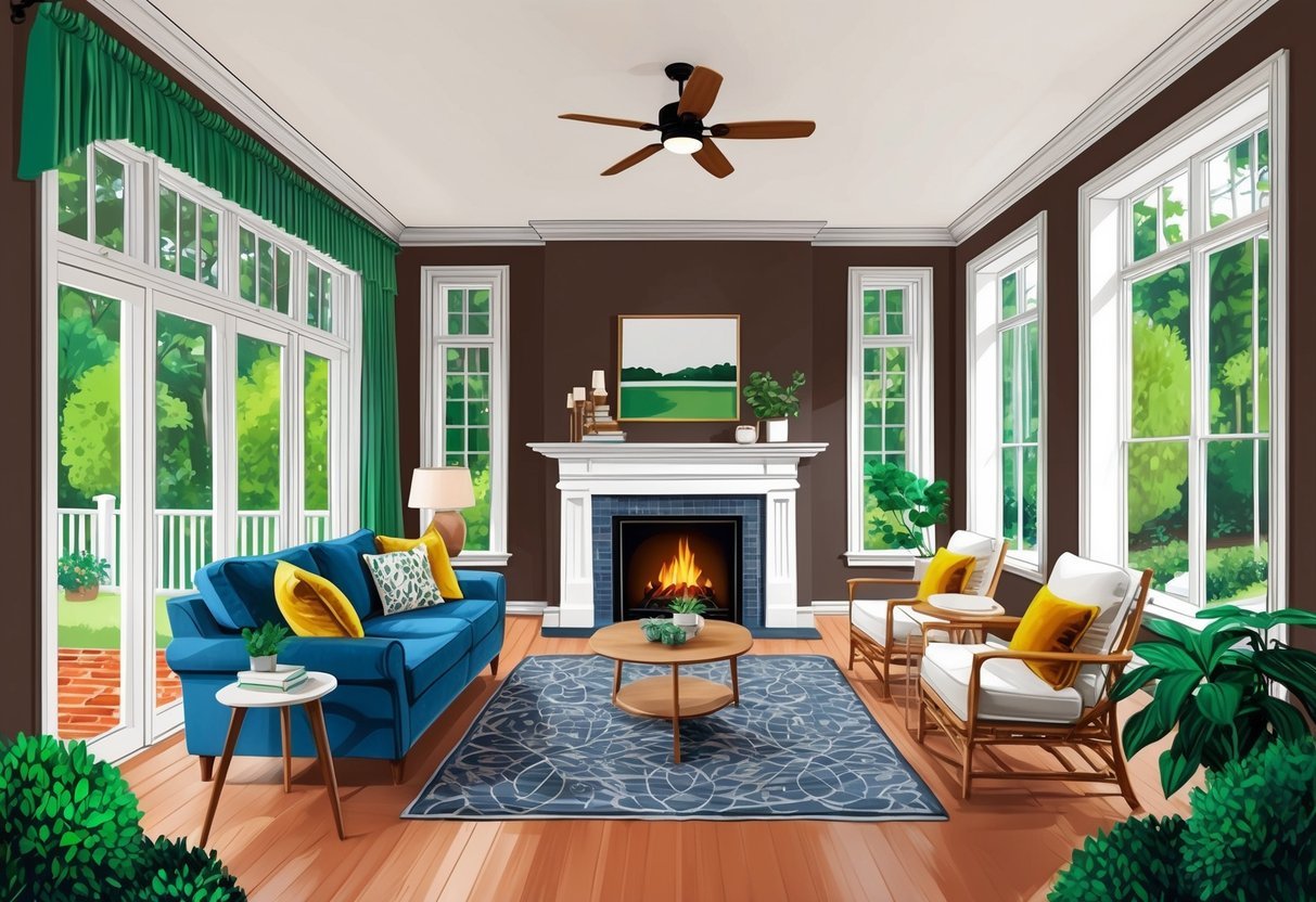 A cozy living room with a fireplace and large windows, surrounded by a lush green garden and a welcoming front porch