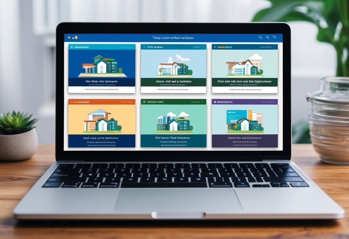 Laptop screen displaying a real estate website with house illustrations and text