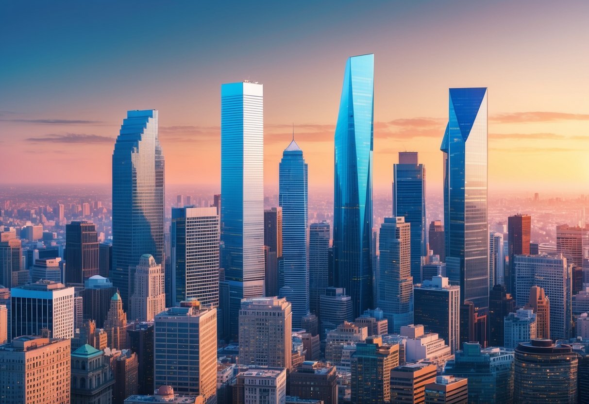 A bustling city skyline with four distinct platforms rising up, each representing a different avenue for real estate crowdfunding investments