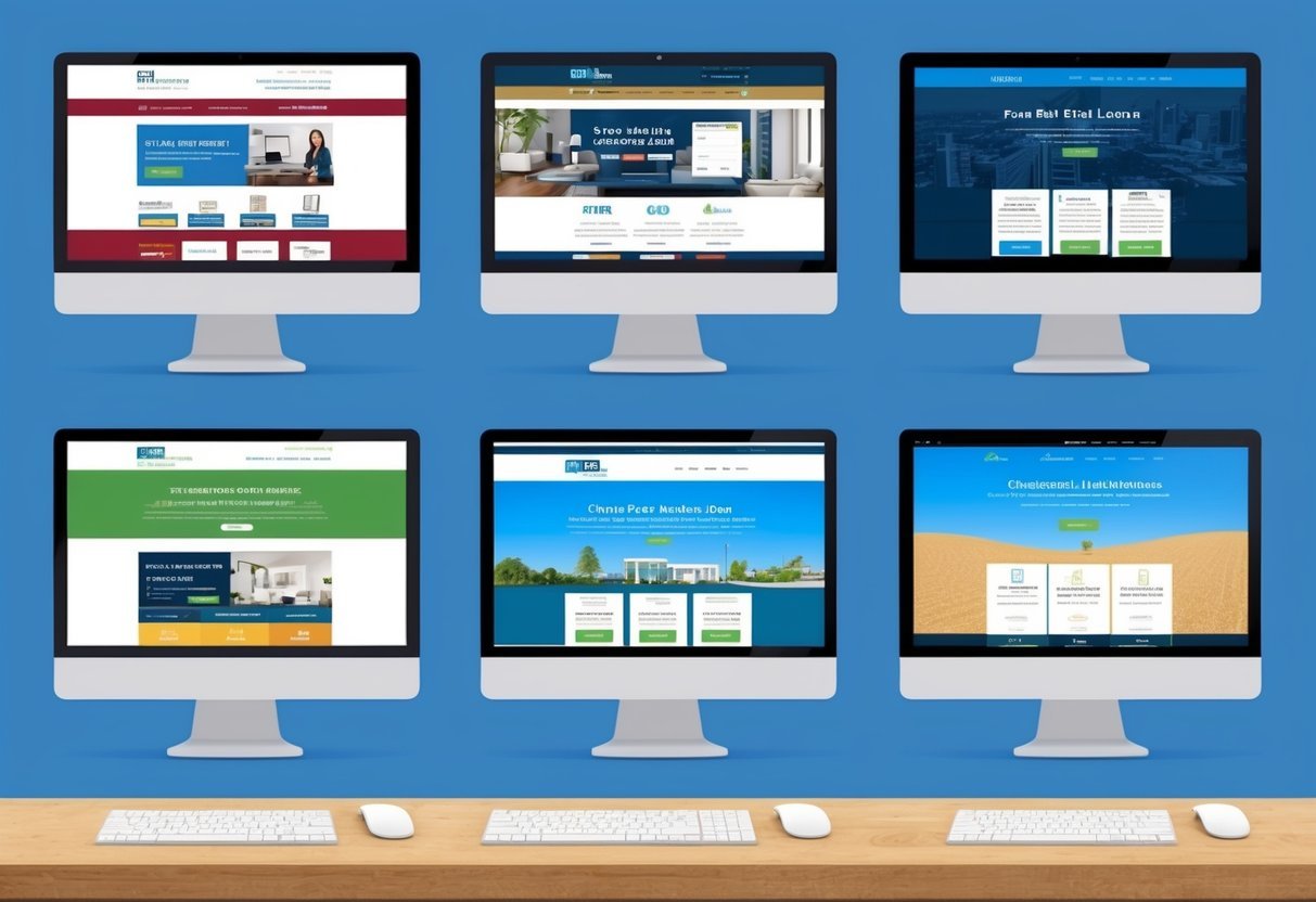 A computer screen displays six different real estate loan websites, each with their own unique design and layout