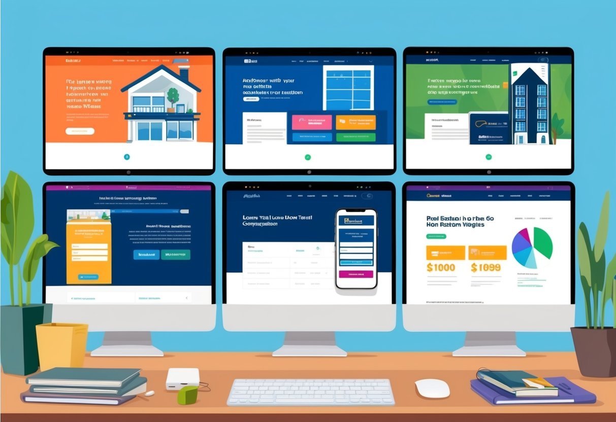 A computer screen displaying six different real estate loan comparison websites, each with their own unique layout and design