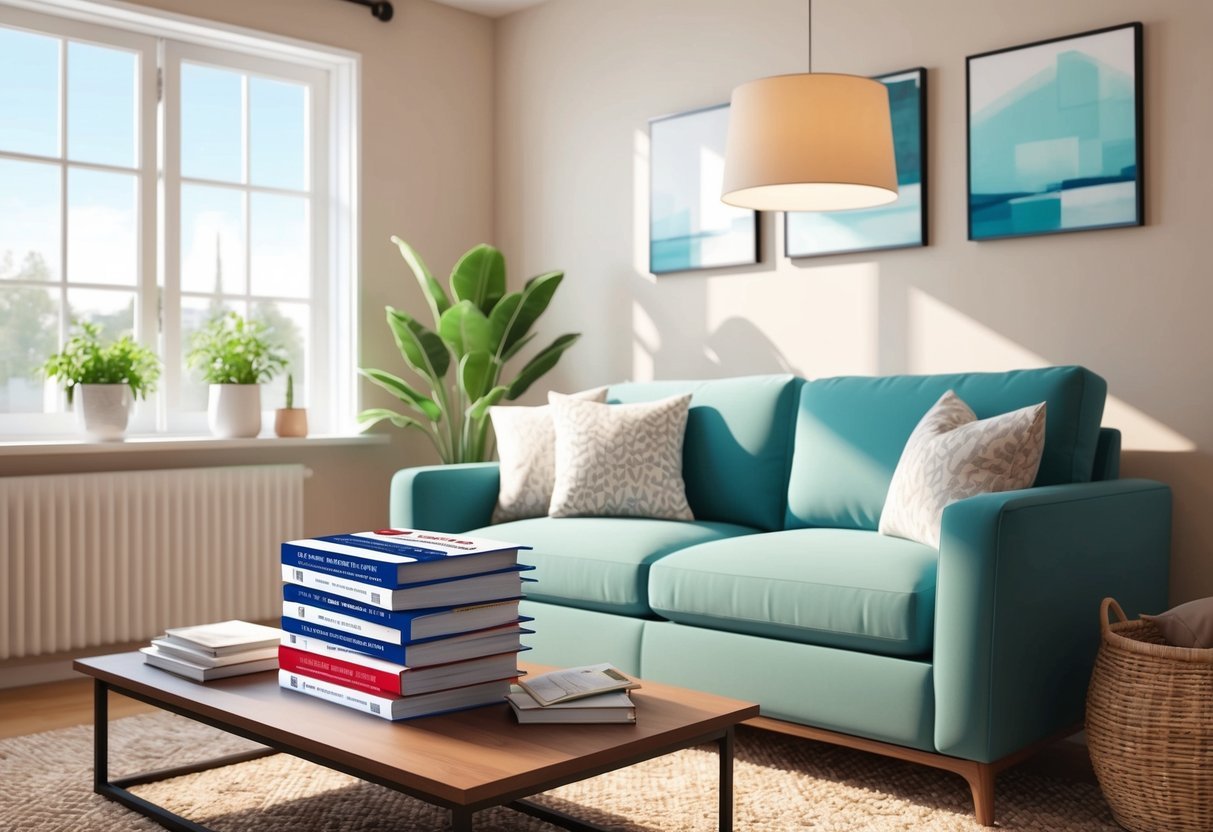 A cozy living room with a bright window, a comfortable sofa, and a stack of real estate resources on a coffee table