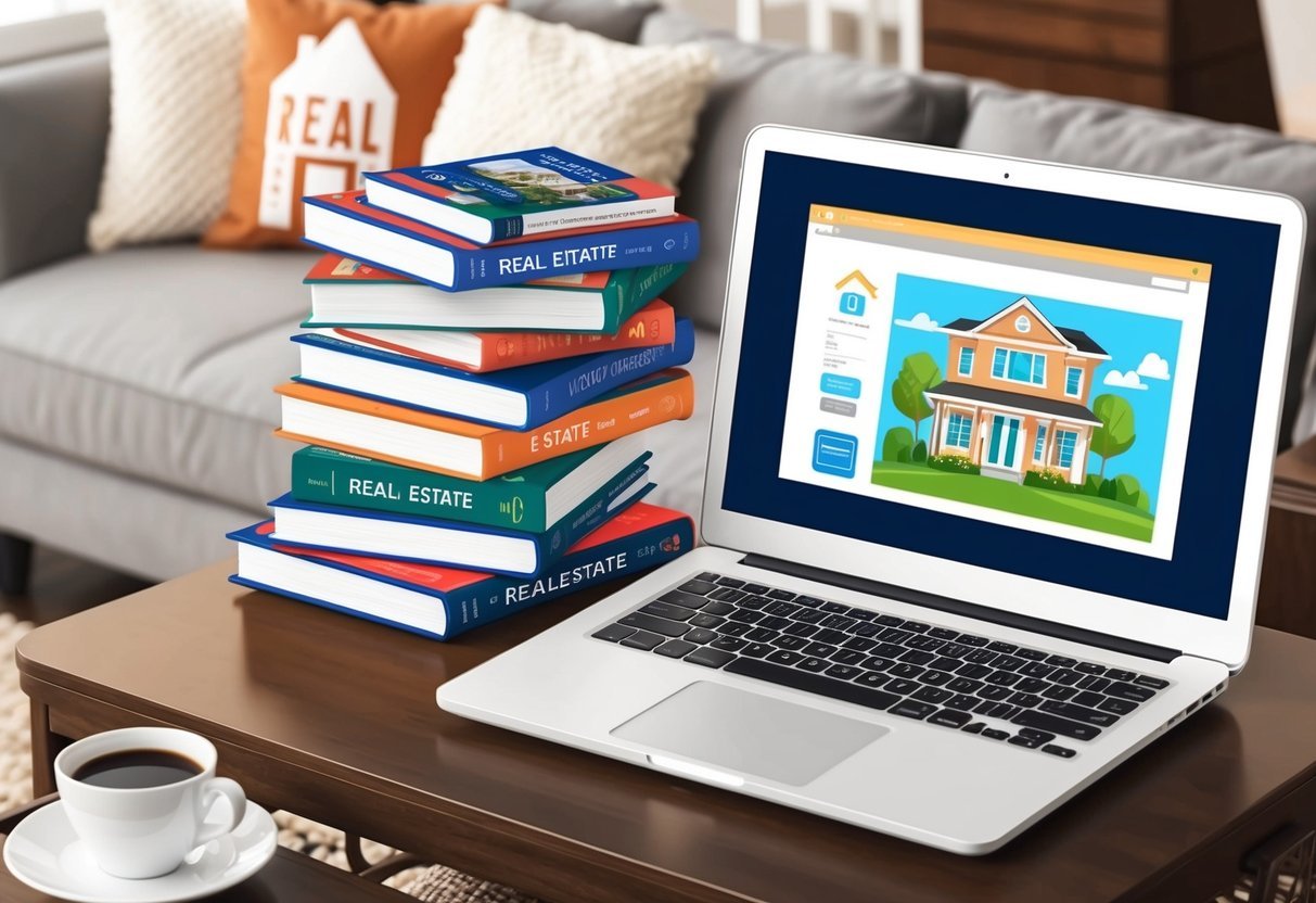 A cozy living room with a stack of real estate books, a laptop open to a homebuying website, and a cup of coffee on a side table