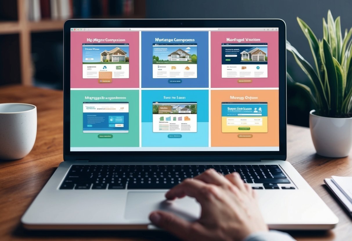 A laptop displaying six mortgage comparison websites with real estate and loan options