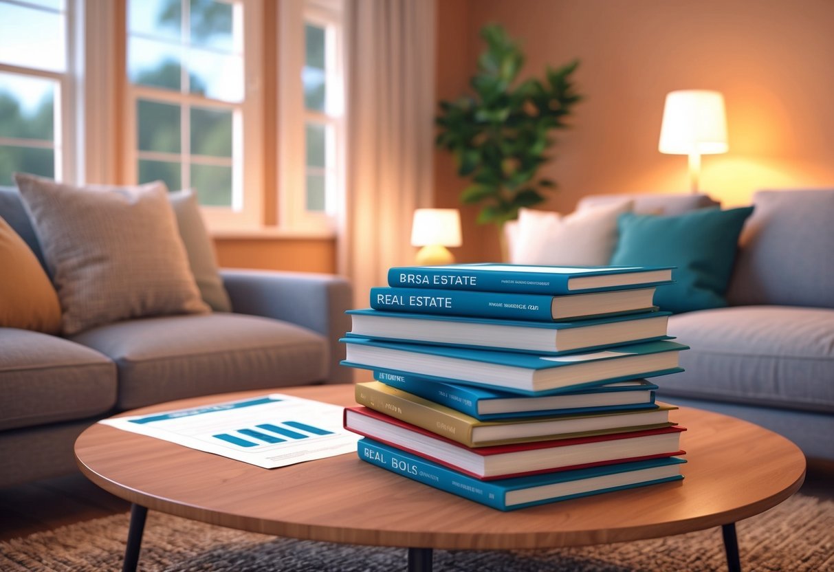 A cozy living room with a stack of real estate books and mortgage documents on a coffee table, surrounded by comfortable seating and warm lighting