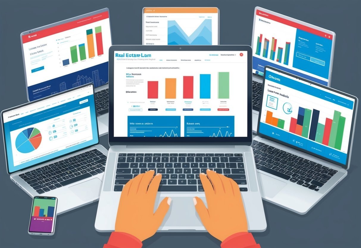 A laptop surrounded by six different real estate loan websites displayed on the screen, with charts and graphs comparing loan options