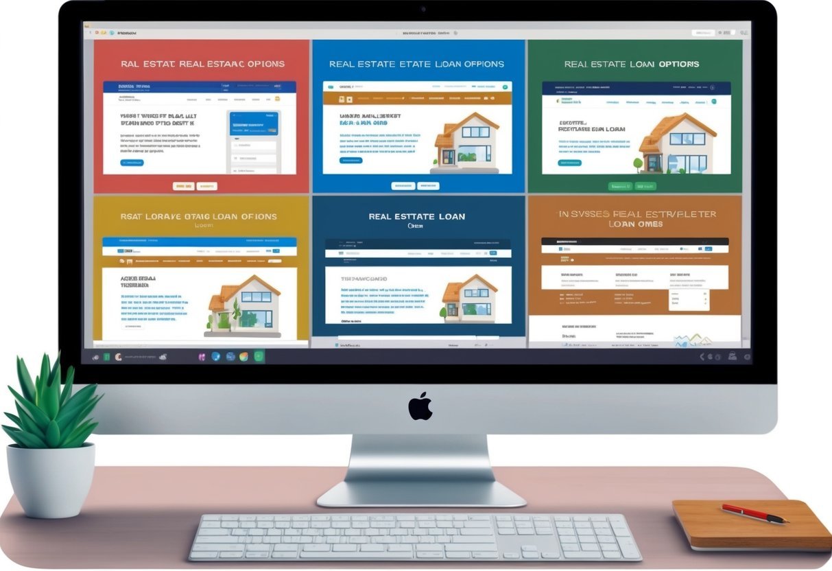 A computer screen displaying six different websites for comparing real estate loan options