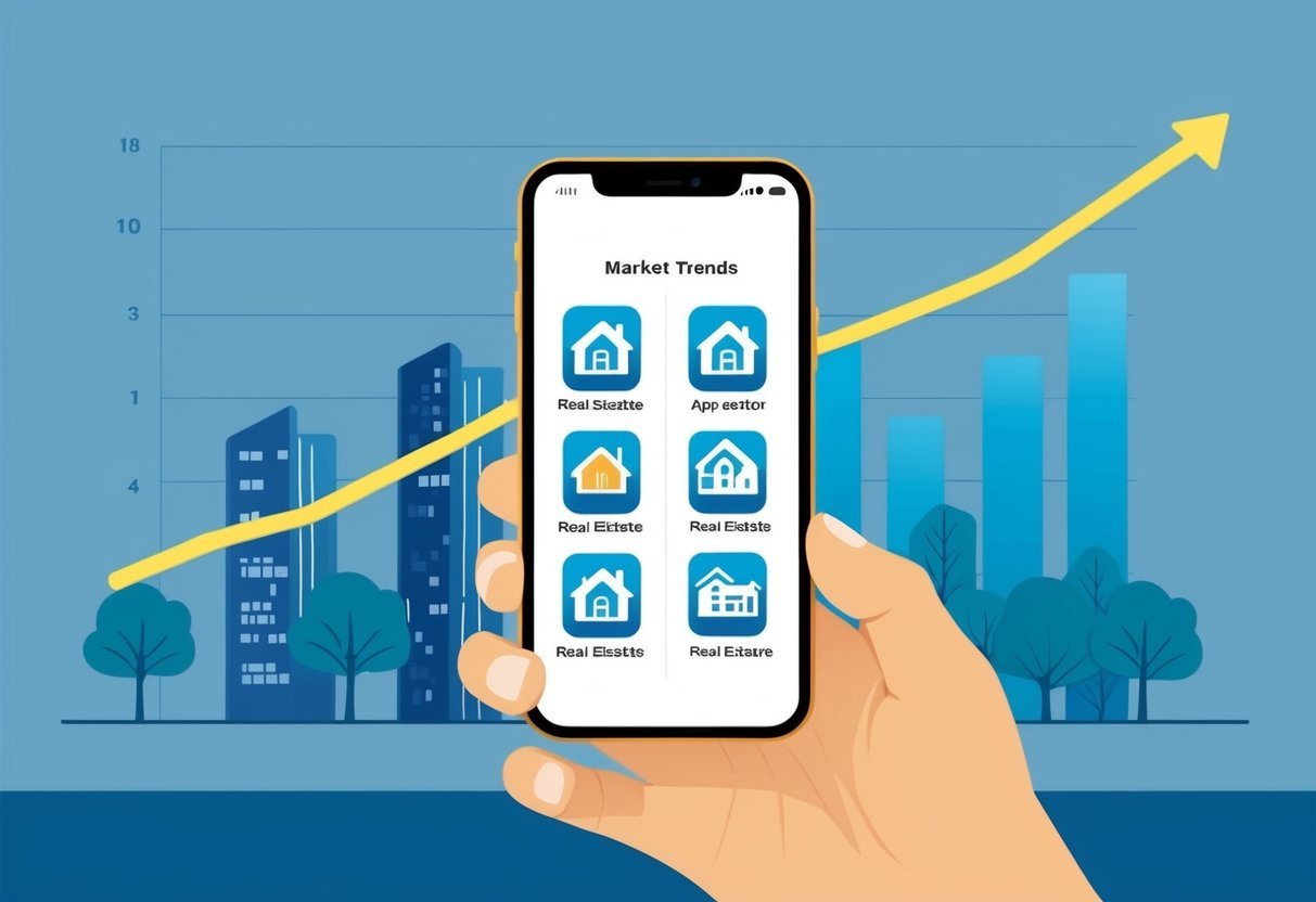 A smartphone displaying five real estate app icons, with a line graph depicting market trends in the background