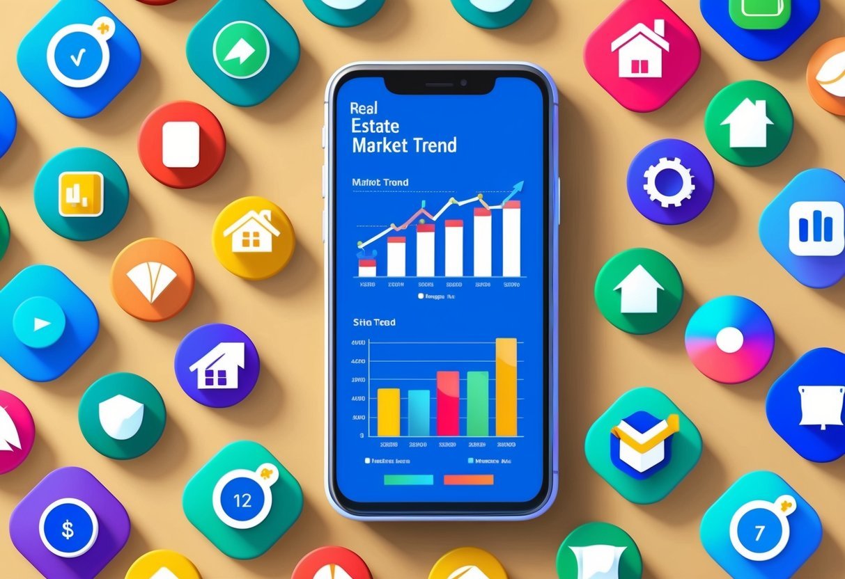 A smartphone displaying real estate market trend graphs and charts, surrounded by a variety of colorful app icons