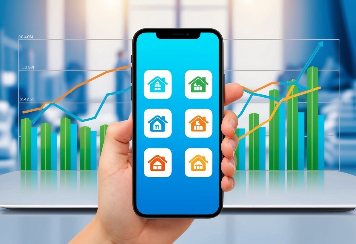 A smartphone displaying five real estate app icons with a graph showing market trends in the background