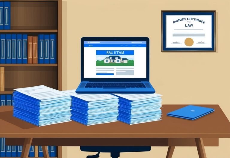 Laptop, documents, and law degree on a desk in an office setting