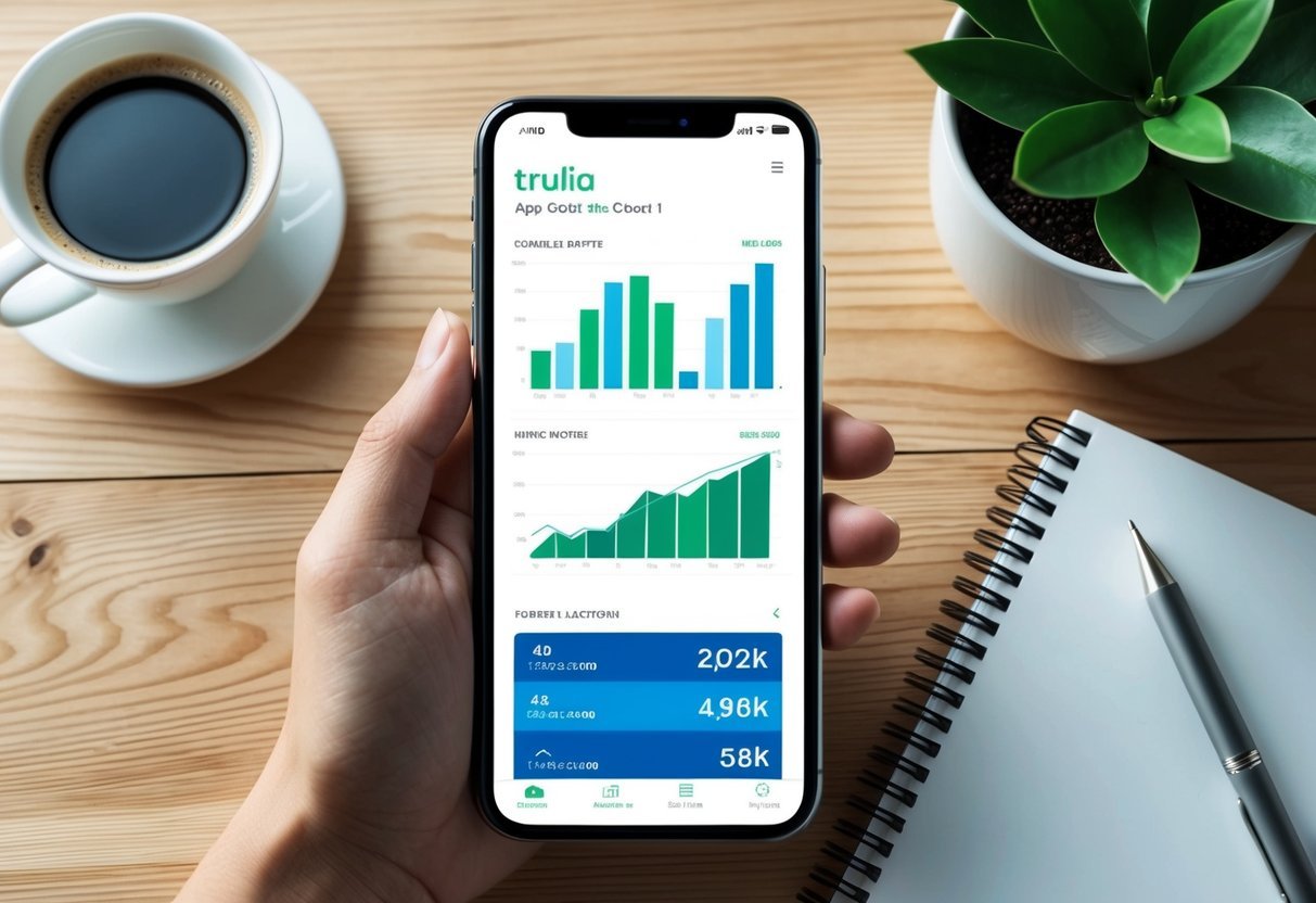 A smartphone displaying Trulia app with real estate graphs and charts on a desk with a cup of coffee and a potted plant