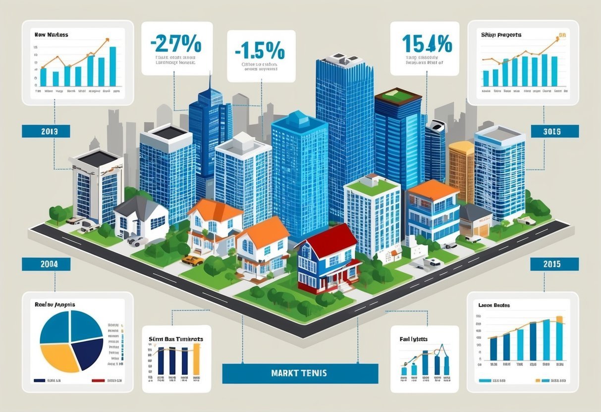 A city skyline with various real estate properties, surrounded by graphs and charts displaying market trends