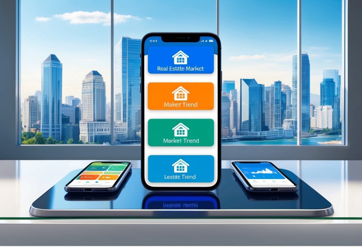 A smartphone displaying five real estate market trend apps on a sleek, modern desk with a city skyline in the background