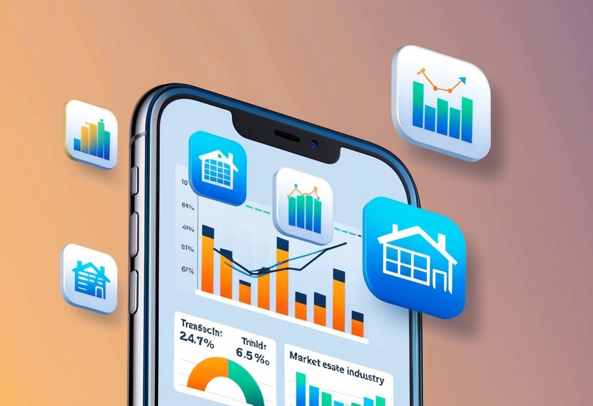 A smartphone with five real estate app icons displayed on the screen, showing graphs and charts depicting market trends in the real estate industry