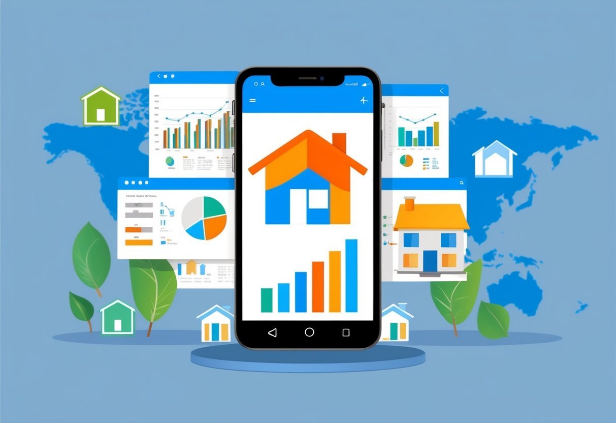 A smartphone surrounded by real estate graphs and charts, with a map and house icons in the background