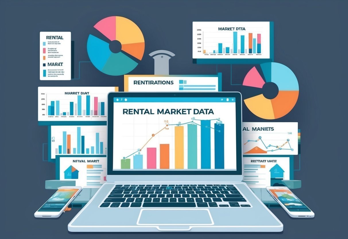 Laptop displaying rental market data surrounded by charts and smartphones