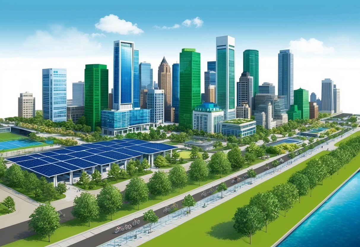 Cityscape with solar panels, green buildings, park, bike path, and river