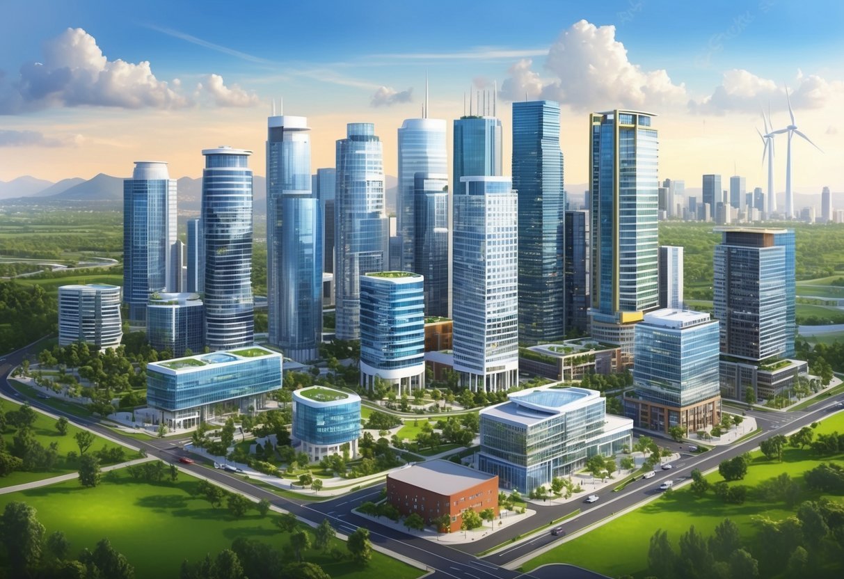 A bustling city skyline with modern, eco-friendly buildings surrounded by green spaces and renewable energy sources