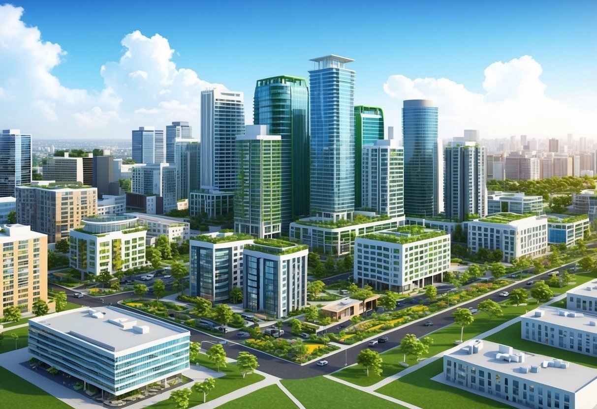 A bustling city skyline with eco-friendly buildings, green spaces, and renewable energy sources.</p><p>A mix of residential and commercial properties showcase sustainable real estate development