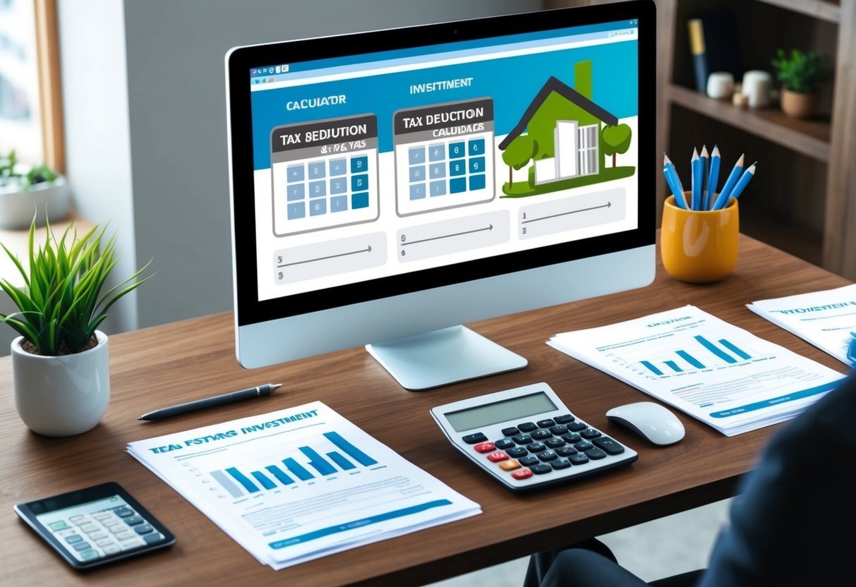 Computer screen with tax calculator, papers, calculator, and pencils on a desk