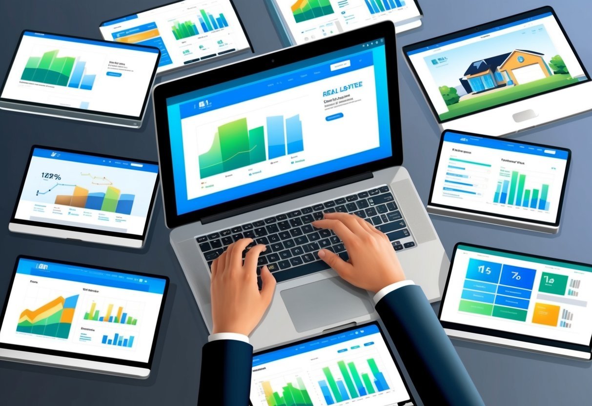 A laptop surrounded by open tabs of real estate websites, with graphs and charts showing property data