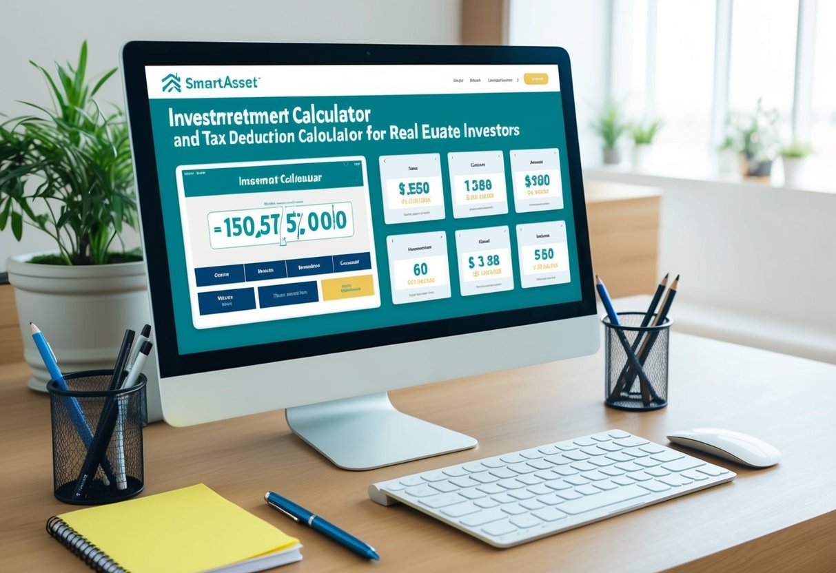 A desk with a computer displaying the SmartAsset Investment Calculator and 9 tax deduction calculators for real estate investors.</p><p>A pen and notepad are nearby