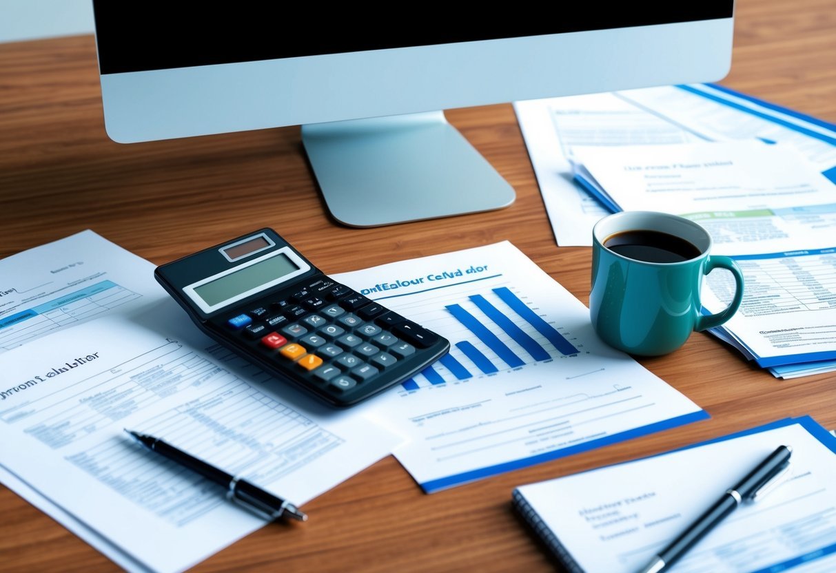 A desk with a computer and calculator, surrounded by real estate documents and a mug of coffee