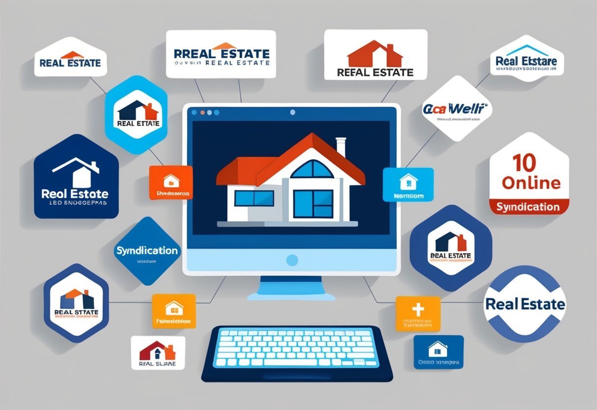 Computer screen with house icon surrounded by real estate logos and icons