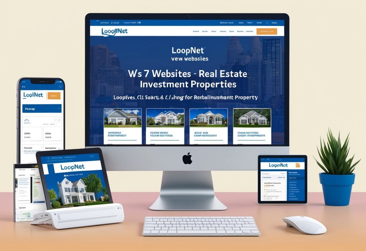 A computer screen displaying LoopNet’s 7 websites for real estate investment properties, with various property listings and search options