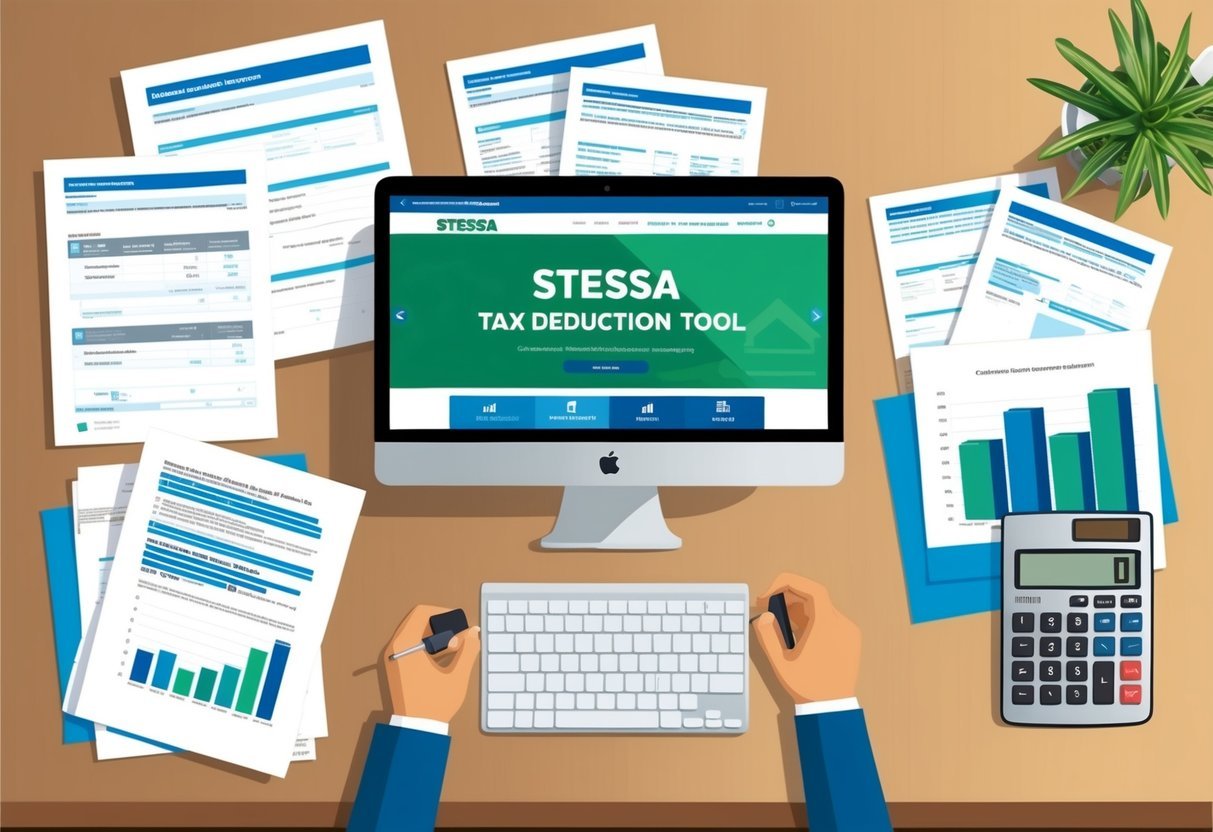 A desk with a computer displaying the Stessa Tax Deduction Tool website, surrounded by real estate investment documents and a calculator