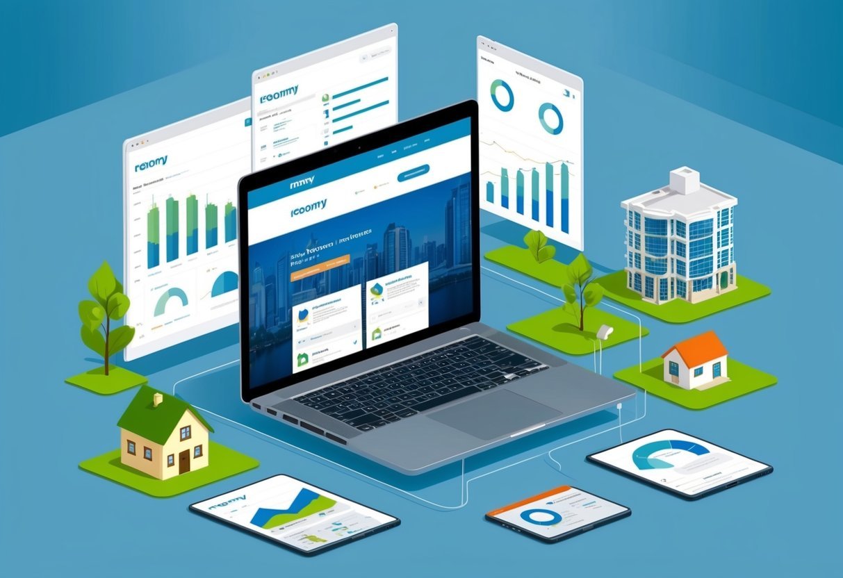 A laptop displaying Reonomy’s website surrounded by real estate investment properties, charts, and maps