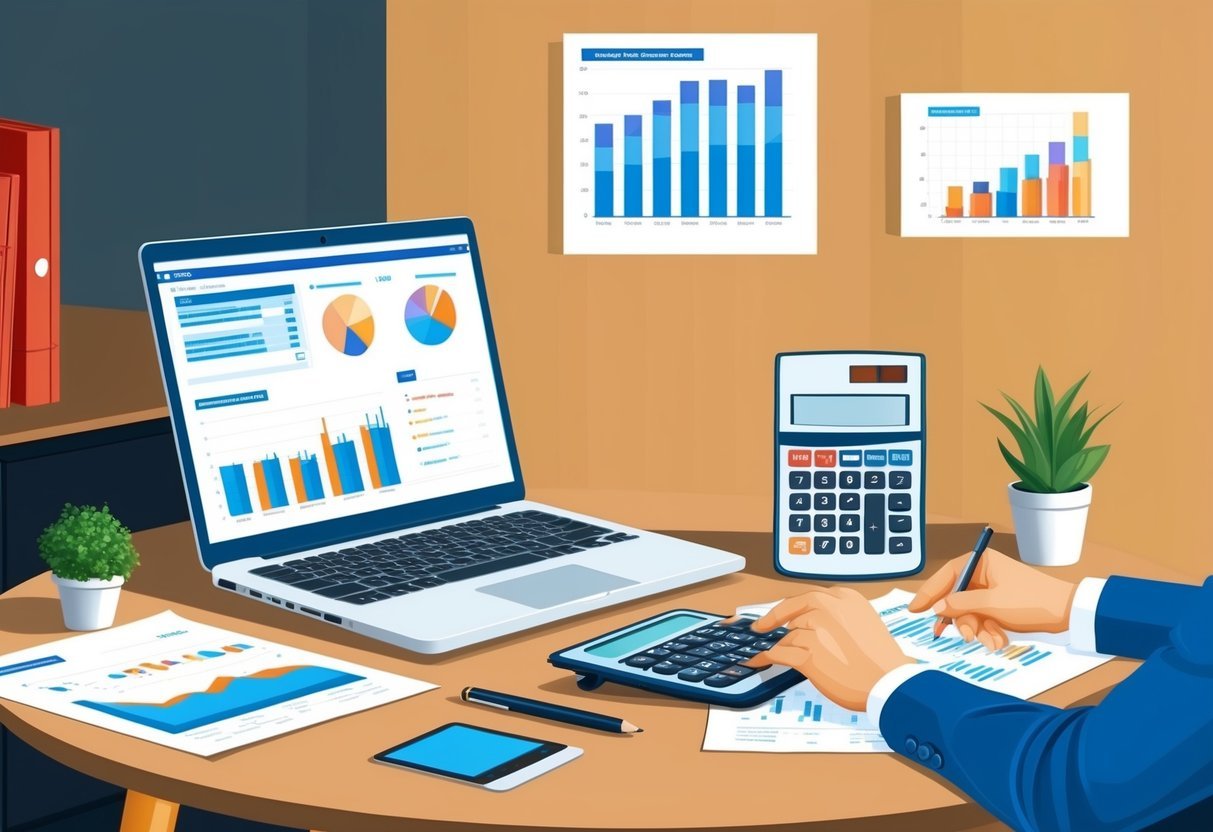 A table with a laptop, calculator, and real estate documents.</p><p>Graphs and charts on the wall