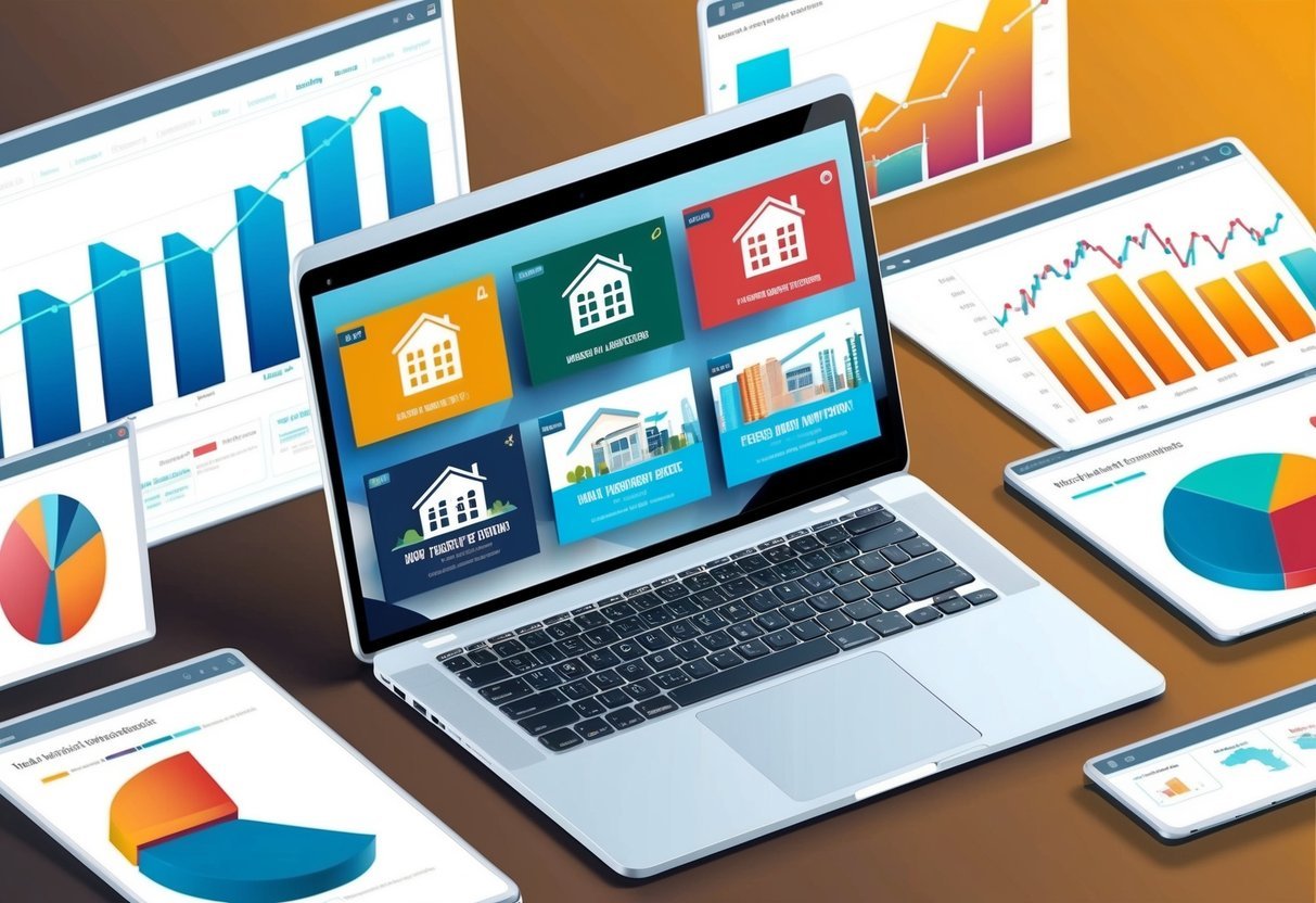 A laptop displaying 7 real estate investment websites, surrounded by charts and graphs showing market trends