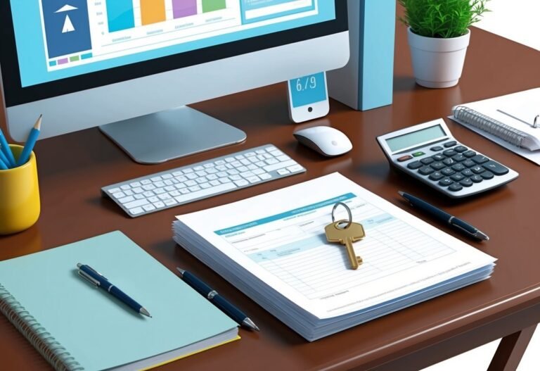 Desk with computer, paperwork, key, calculator, and pens