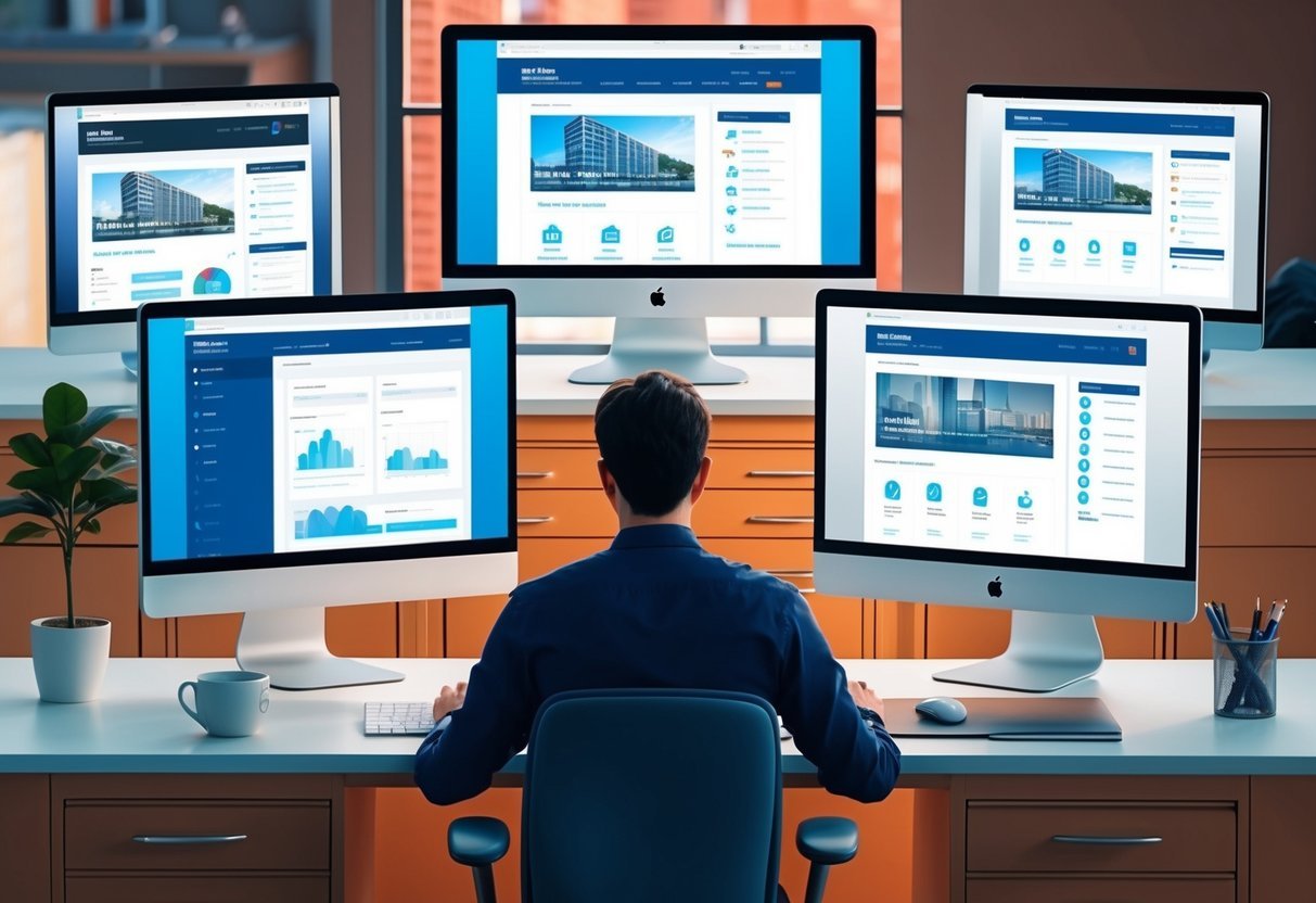 A bustling office with five computer screens displaying different real estate CRM platforms, while a person works at a desk