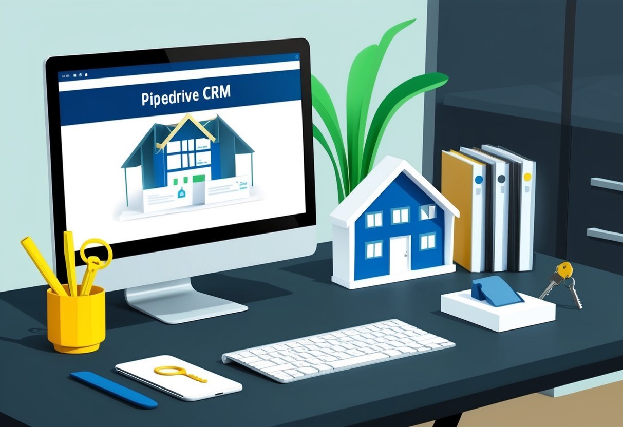 A modern office desk with a computer screen displaying Pipedrive CRM, surrounded by real estate related items like a house model and a set of keys