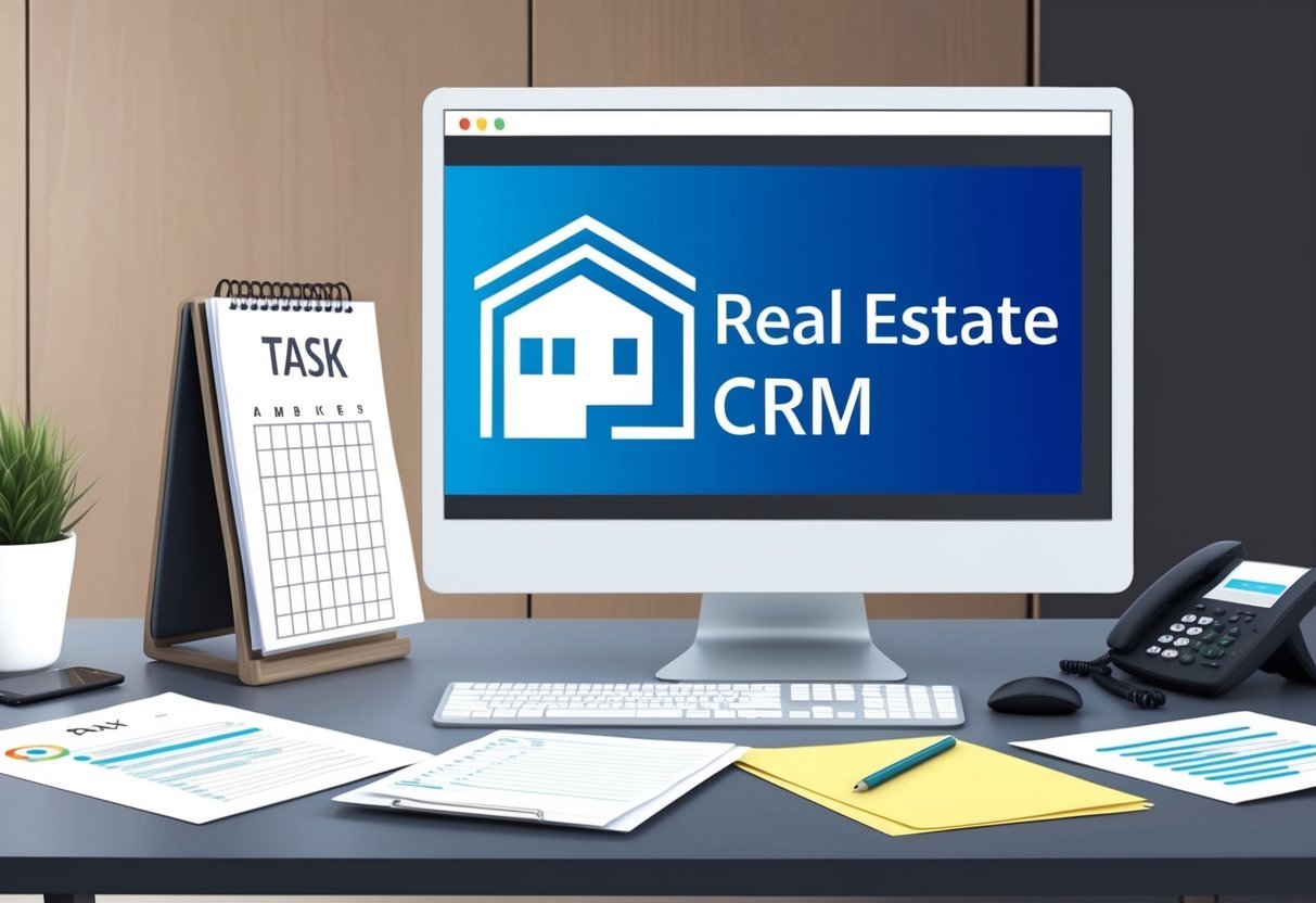 A desk with a computer, phone, and paperwork.</p><p>A calendar and task list are visible on the screen.</p><p>A logo of a real estate CRM is displayed on the computer screen