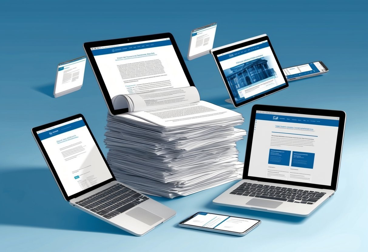 Laptops, tablets, and a stack of papers with website interfaces on a blue background