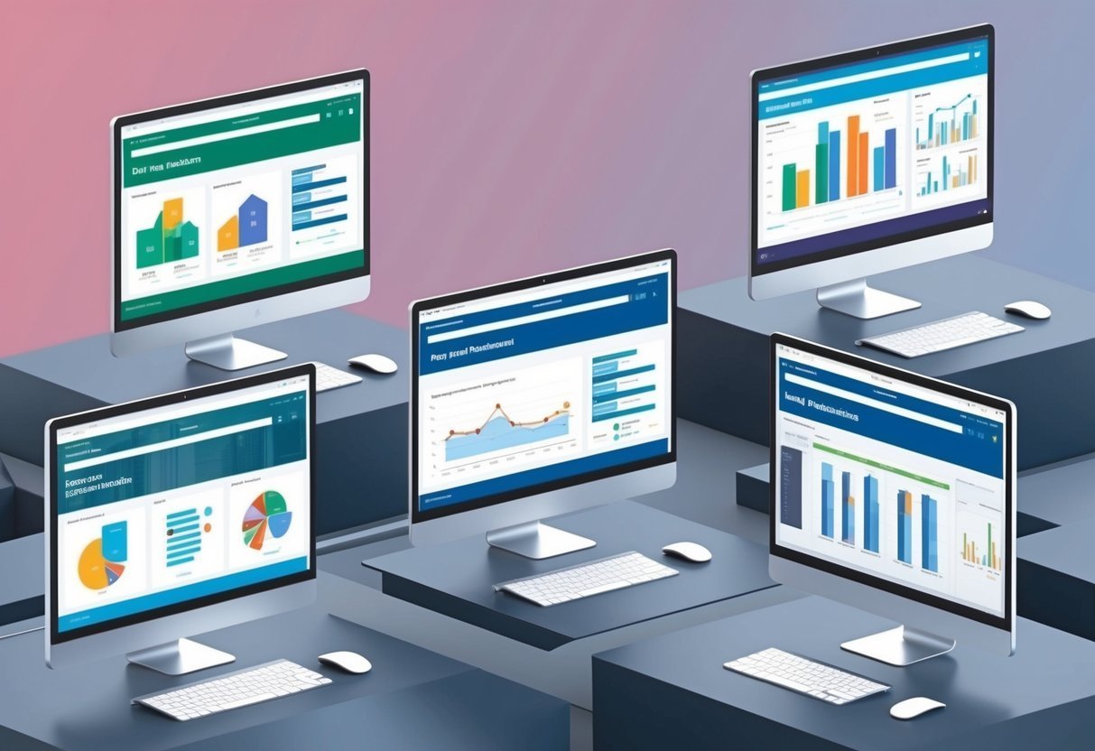 Multiple computer screens displaying data visualizations and charts on a blue background