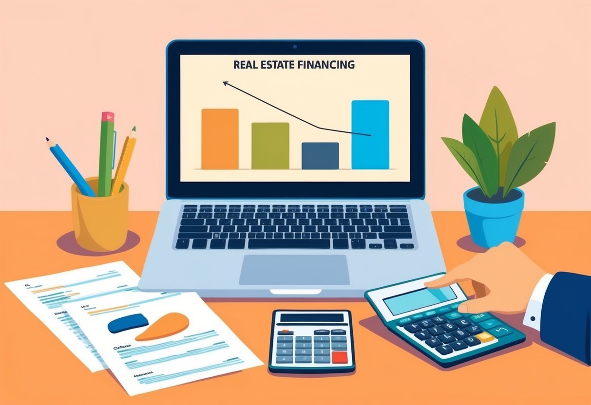 A desk with a laptop, calculator, and financial documents.</p><p>A chart showing different real estate financing options.</p><p>A person researching online