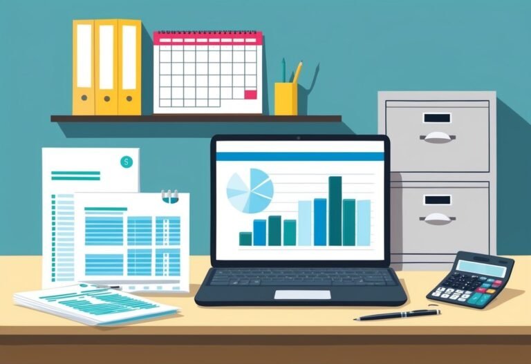 Laptop with charts, documents, calculator, and calendar on a desk