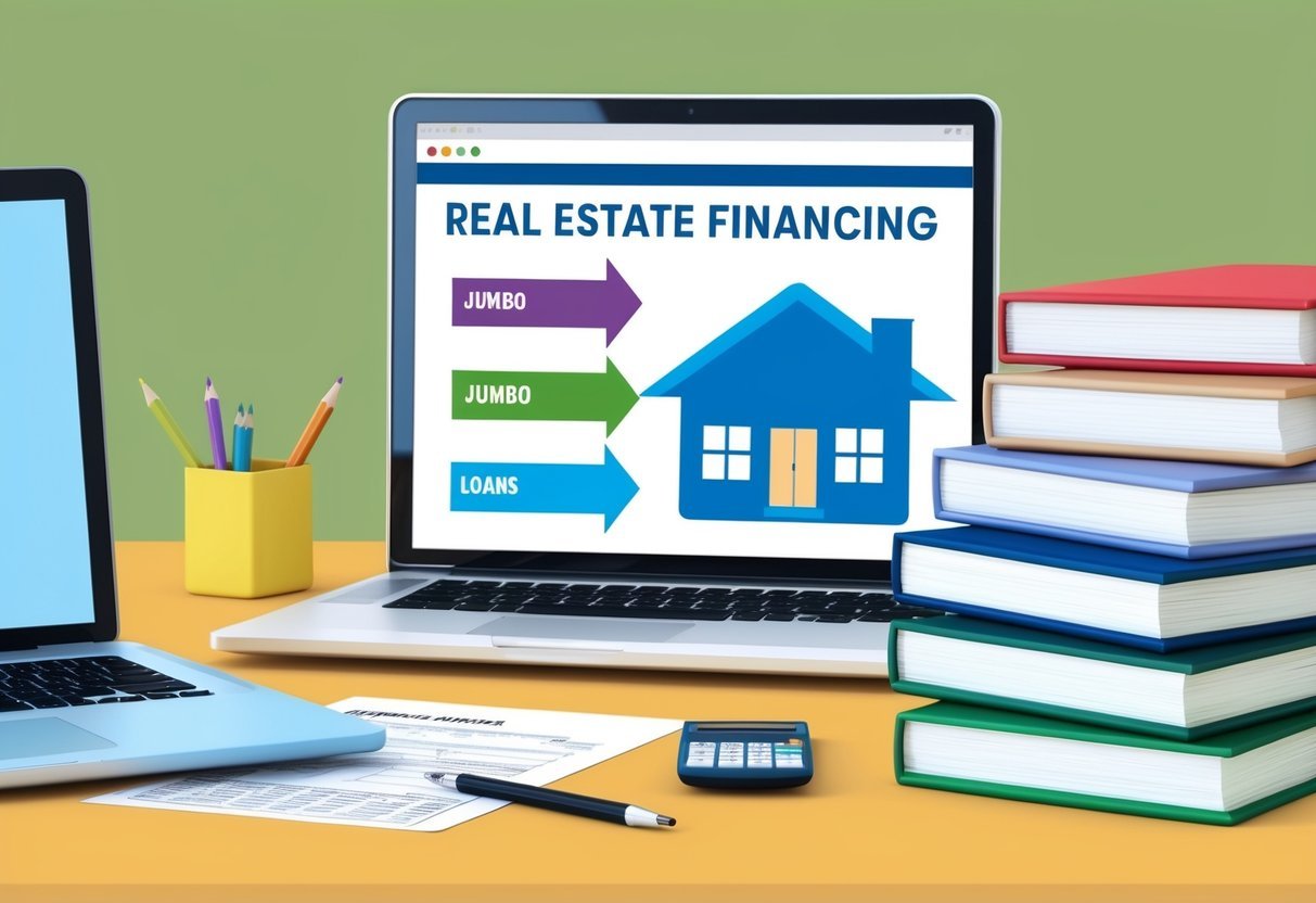 A desk with a laptop, calculator, and paperwork.</p><p>A chart showing different real estate financing options.</p><p>A stack of books on jumbo loans