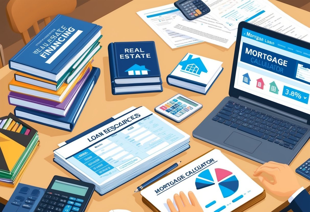 A table with various real estate financing resources, including books, websites, and calculators, surrounded by a stack of mortgage loan documents and a laptop displaying a mortgage calculator