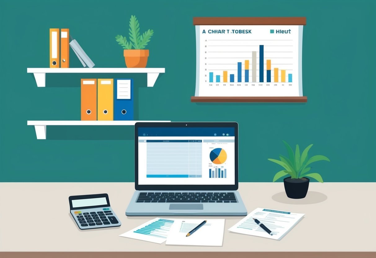 A desk with a laptop, calculator, and paperwork.</p><p>A shelf with folders, a pen, and a plant.</p><p>A chart on the wall