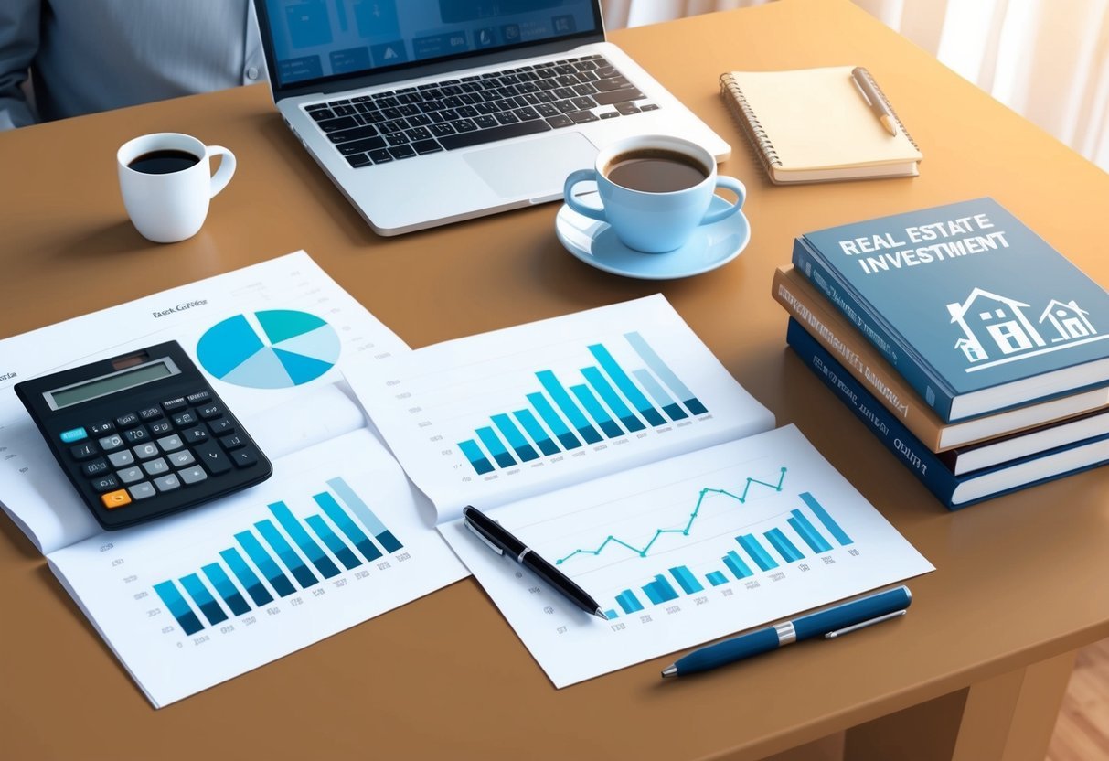 A table with a laptop, financial charts, a calculator, and a cup of coffee.</p><p>A stack of real estate investment books and a pen on the side