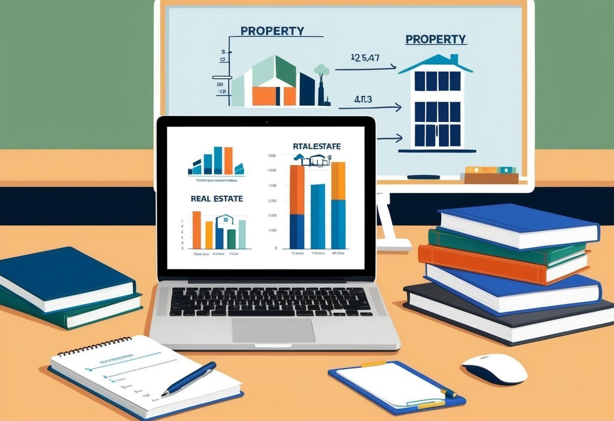 Laptop with real estate charts, books, notepad, and property diagrams on whiteboard