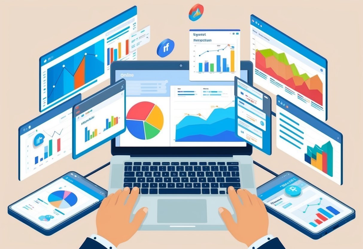 Person analyzing data on laptop and mobile devices, surrounded by charts