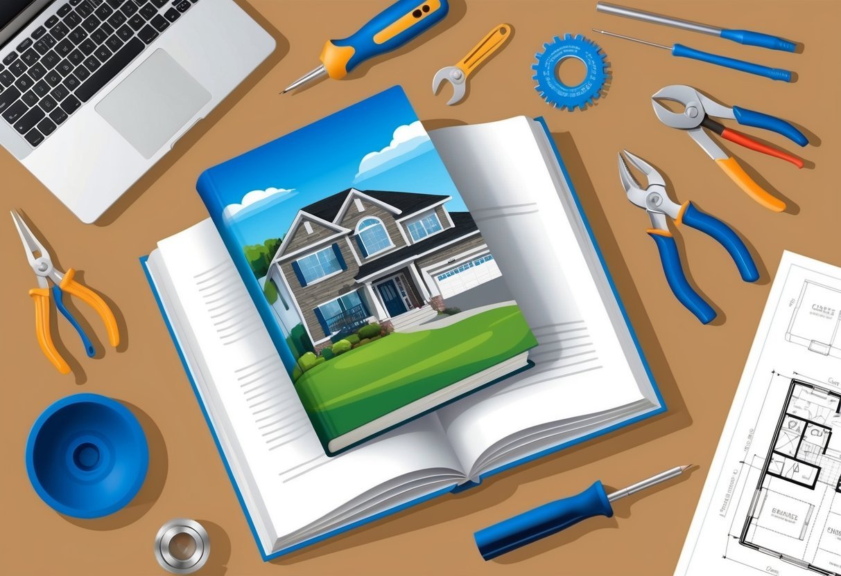 An open book with a house on the cover surrounded by tools, blueprints, and a laptop